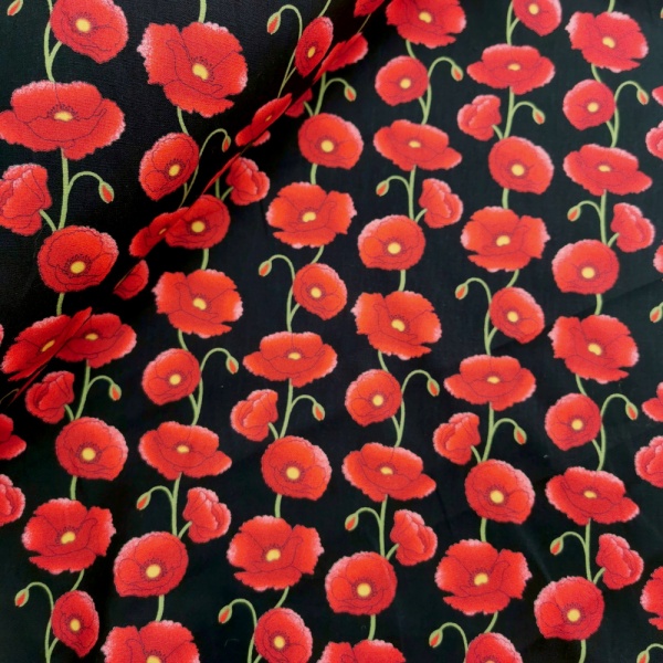 Floral Poplin Design 25 RED POPPIES ON BLACK